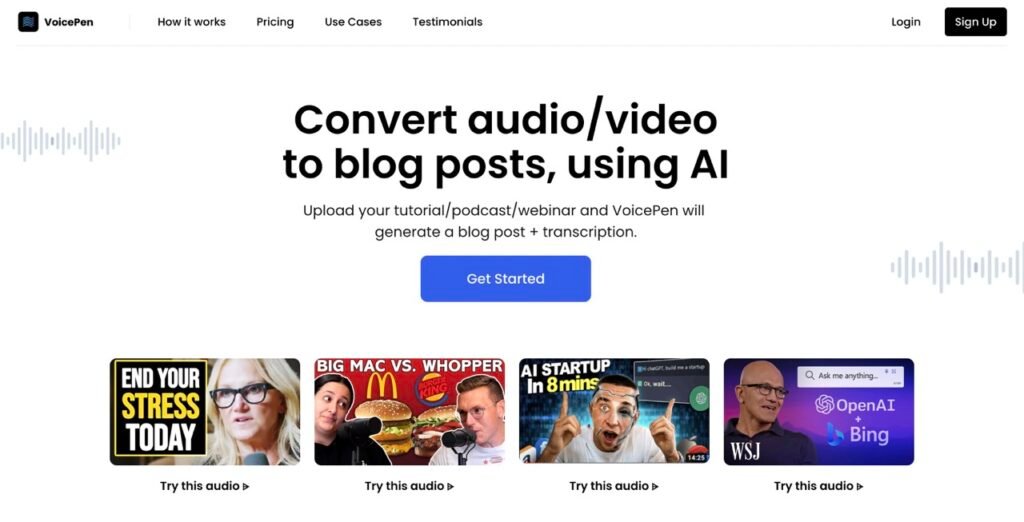 Turn spoken content into blog posts. VoicePen AI transcribes your audio and video, then transforms it into SEO-optimized articles.