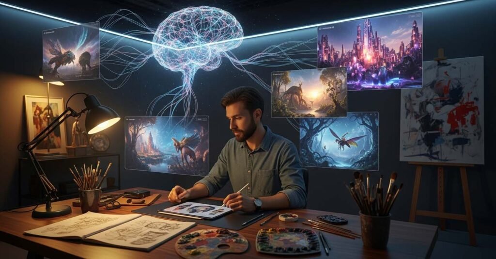An artist works at a desk, contemplating AI-generated creative drafts projected from a glowing neural network, blending traditional and futuristic art tools.