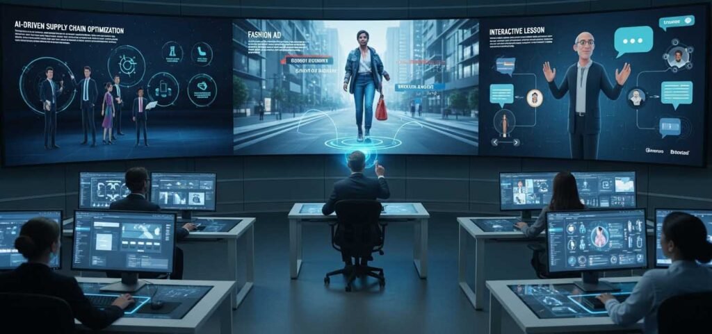 Business professionals monitor screens in a high-tech control room, displaying various AI-generated videos like ads, training, and avatar-led lessons.