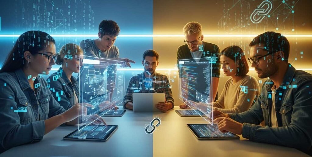 Students learn prompt engineering in a modern classroom, with subtle digital streams and a glitch symbol hinting at AI's ethical complexities.