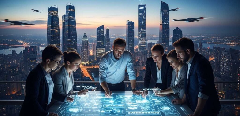 Diverse professionals discuss strategies around a holographic blueprint in a near-future city, with subtle digital errors in the background symbolizing AI risks.
