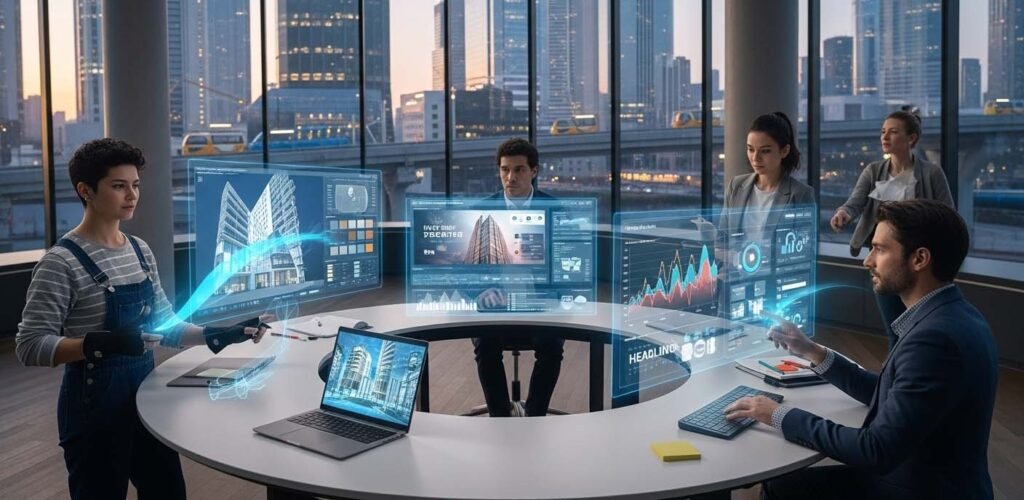 Diverse professionals collaborate in a futuristic office, using holographic AI interfaces to generate creative content and business insights.