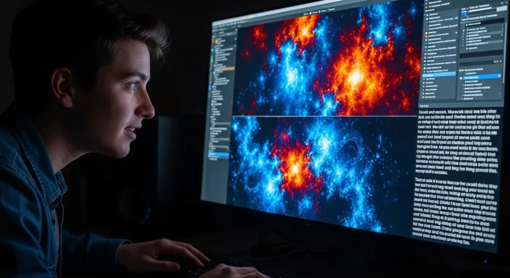 "A person, perhaps an artist or writer, intently observing a screen where a generative AI is creating a vibrant, intricate digital artwork or a flowing text passage. The scene captures the awe and wonder of interacting with the creative power of the most advanced generative AI, offering a glimpse into the future of human-machine collaboration."