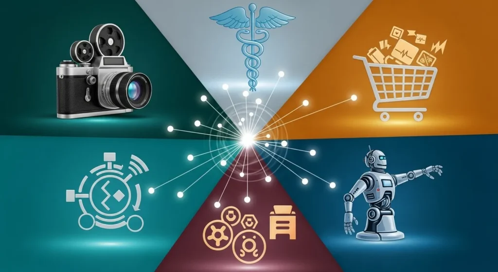 "A mosaic of diverse industry symbols—a film camera, a medical caduceus, an e-commerce shopping cart, a classroom, and a robot—each subtly illuminated and interconnected by a central, radiant light source, representing Kling AI's vast 'applications across industries,' clean, modern, vibrant."