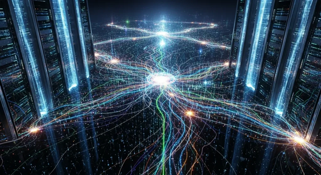 "A visually stunning representation of the key technologies driving AI forward. Focus on intricate, glowing neural network pathways expanding across a digital landscape, supercomputers with visible data streams, and advanced microchips, illustrating the complex infrastructure behind the breakthroughs of the most advanced AI."