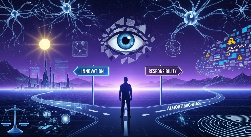 "A symbolic image depicting the ethical dilemmas and future challenges of artificial intelligence. Visualize a crossroads with path signs pointing towards 'Innovation' and 'Responsibility', surrounded by abstract representations of data privacy, bias, and control. A silhouette of a human figure stands contemplating these choices, reflecting on the 'road ahead' for the most advanced AI and humanity."