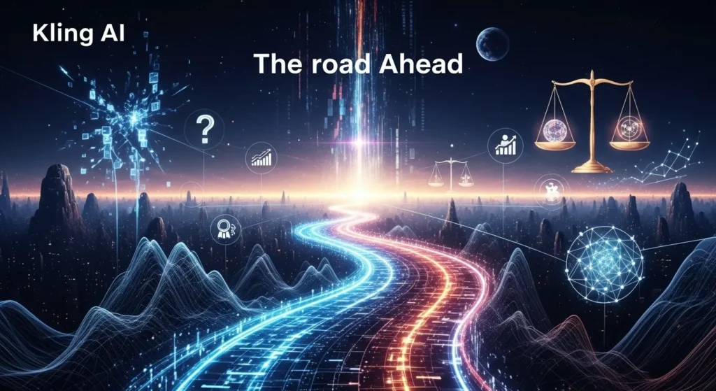 "A winding, illuminated digital pathway stretching into a hopeful, futuristic horizon, flanked by abstract representations of challenges (e.g., broken data lines, subtle question marks) and ethical considerations (e.g., balanced scales), symbolizing 'the road ahead' for Kling AI, conceptual, thought-provoking, digital painting."