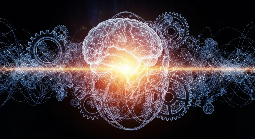"An abstract, conceptual image representing the nuanced definition of advanced AI, moving beyond sheer processing power. Visual elements could include intertwined gears and brain-like structures, with light flowing through complex patterns, suggesting intelligence, creativity, and adaptability, illustrating what truly constitutes the most advanced AI."