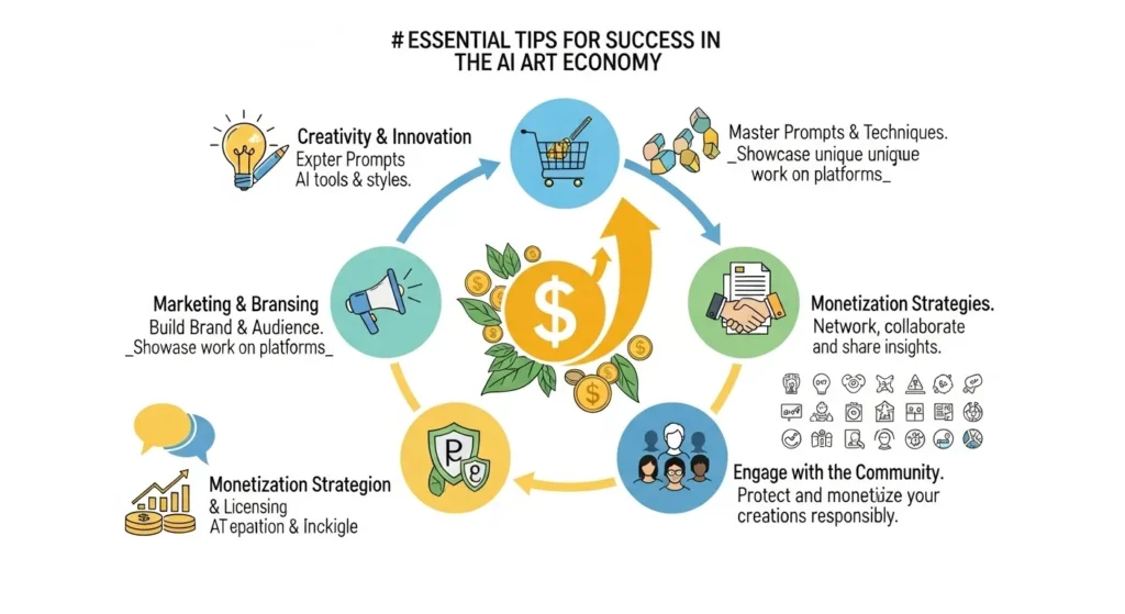 "A clear, modern infographic-style image detailing essential tips for success in the AI art economy. Icons represent key concepts like creativity, marketing, intellectual property, and community, all surrounded by elements symbolizing growth and profitability in making money with AI art."