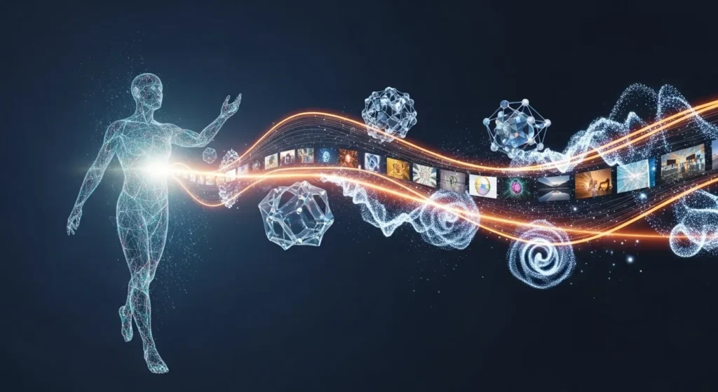 "A dynamic infographic-style illustration showcasing various advanced AI features: a realistic human figure in motion, a flowing timeline representing long video duration, and high-fidelity visual elements, all interconnected by luminous technological lines, symbolizing Kling AI's 'technological edge,' abstract, vibrant, clean."