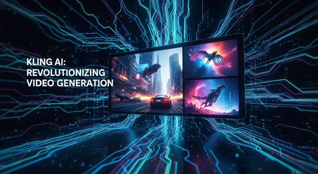 "A futuristic AI interface creating a complex video sequence, with abstract data streams and glowing neural network lines converging into a vibrant, dynamic screen, illustrating 'Kling AI' revolutionizing video generation, digital art, high-tech, cinematic lighting."