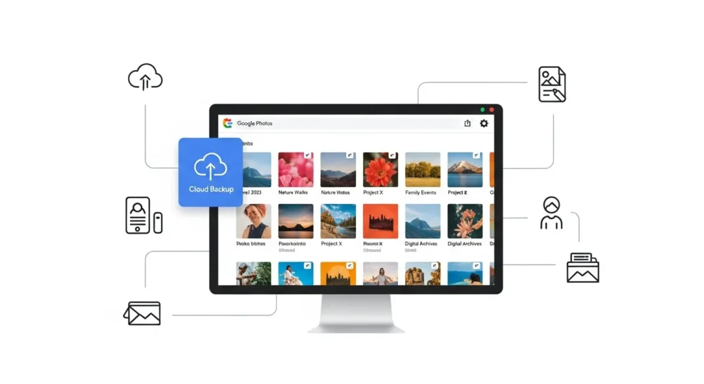 "A clean, sophisticated infographic-style illustration representing the mastery of a Google Photos library. Visual elements include interconnected icons for cloud backup, smart storage management, customizable settings gears, and an organized grid of photo albums within a stylized Google Photos desktop interface, emphasizing user control and efficient data management.