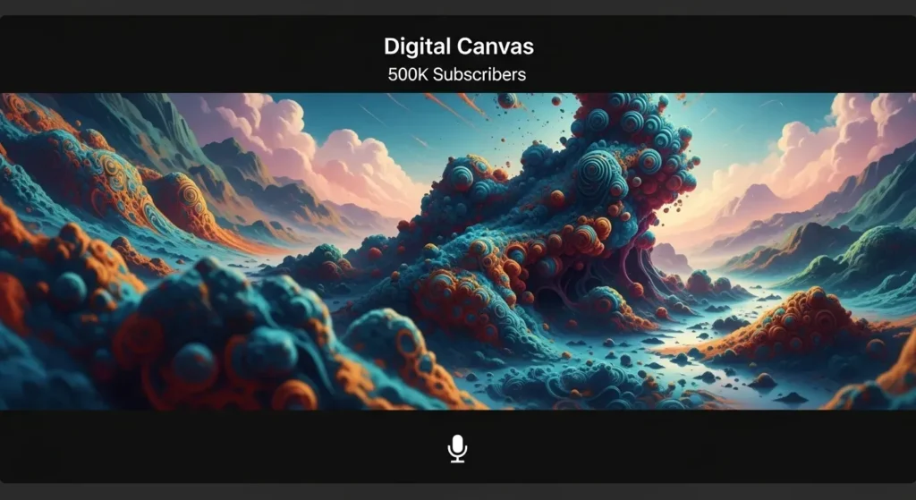"An abstract and sleek digital interface of a faceless YouTube channel playing engaging, high-quality AI-generated video content. A subtle microphone icon and subscriber count suggest a captivating and profitable platform, demonstrating how to make money with AI art through a faceless channel."