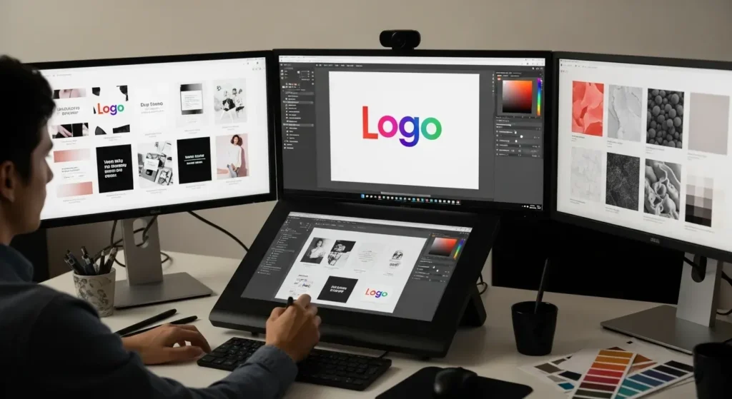 "A professional graphic designer using multiple screens, actively utilizing advanced AI design tools to create logos, marketing materials, and digital illustrations for clients, showcasing a powerful way to make money with AI art through graphic design services."
