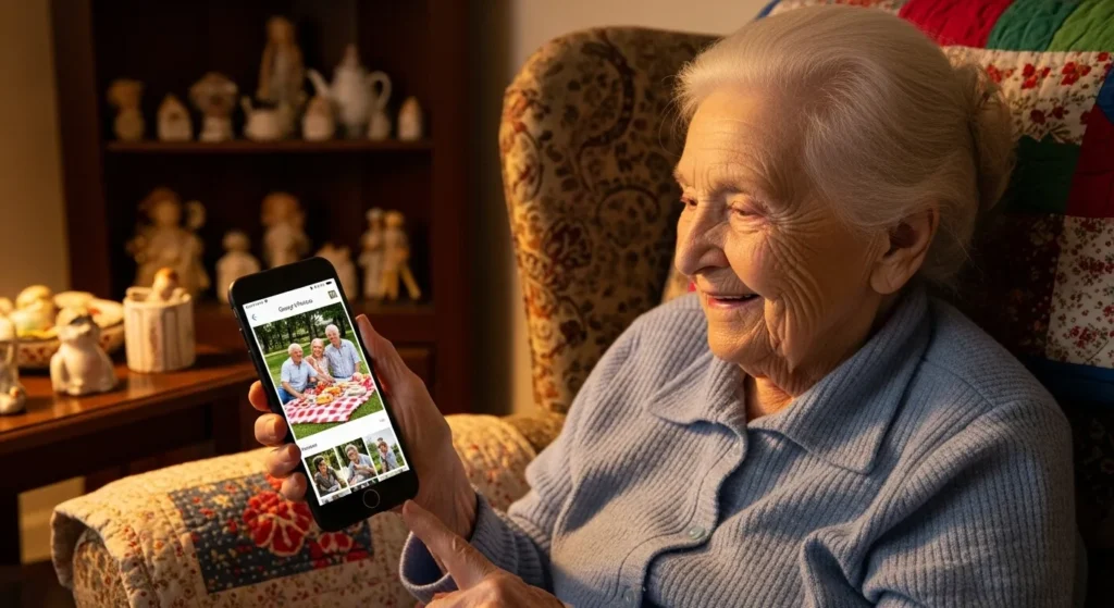 "A heartwarming and evocative scene: an individual (e.g., a grandparent or a parent) is holding a smartphone, a look of profound joy and emotion on their face as they rediscover precious, long-lost family photos within Google Photos. A soft, warm glow emanates from the screen, symbolizing the preservation and revival of cherished memories, surrounded by subtle hints of their personal history."