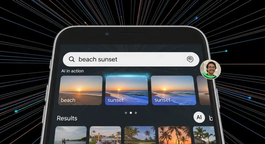 "A close-up of a smartphone screen displaying the Google Photos app, showcasing an AI-powered smart search in action. Visually represent the AI scanning images, identifying faces, objects, and locations (e.g., a glowing overlay connecting 'beach' to relevant photos), with colorful, subtle data lines indicating intelligent processing and instant retrieval of specific moments.
