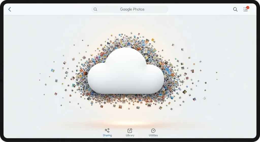 "An illustration depicting a massive, stylized cloud icon overflowing with countless, miniature photo and video thumbnails, seamlessly integrating into a minimalist Google Photos app interface displayed on a tablet. The scene should convey unlimited potential for smart storage and the secure safeguarding of digital memories in the cloud."