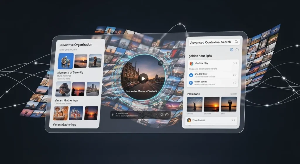 A futuristic, sleek depiction of the Google Photos interface, possibly holographic or projected, showcasing evolving AI capabilities. Imagine predictive organization, immersive memory playback, or advanced contextual search that anticipates user needs, with subtle glowing lines and interconnected nodes representing cutting-edge technology and the bright future of AI in digital memory management.