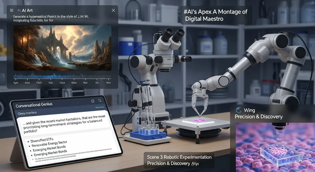 "Dynamic montage showcasing the diverse groundbreaking capabilities of current leading AI models. Images include a sophisticated AI generating intricate art, a natural language processing interface understanding human speech, and a robot arm performing a scientific experiment in a lab, highlighting the real-world power of the most advanced AI titans."