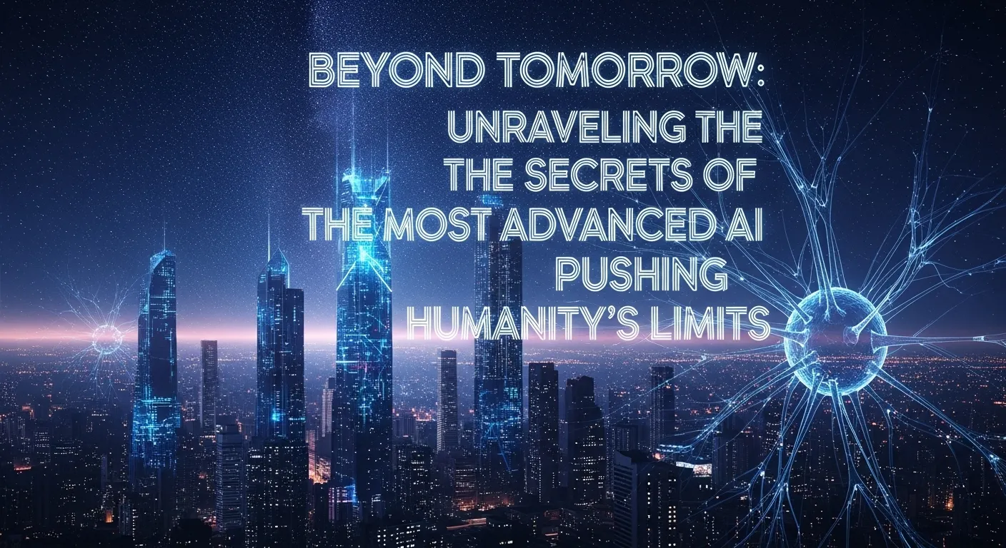 "A futuristic, digital cityscape merging with cosmic elements, featuring holographic projections of complex algorithms and neural pathways. Bold, glowing text 'Beyond Tomorrow: Unraveling the Secrets of the Most Advanced AI Pushing Humanity's Limits' is elegantly integrated into the scene, symbolizing the exploration of cutting-edge artificial intelligence and its impact on human potential."