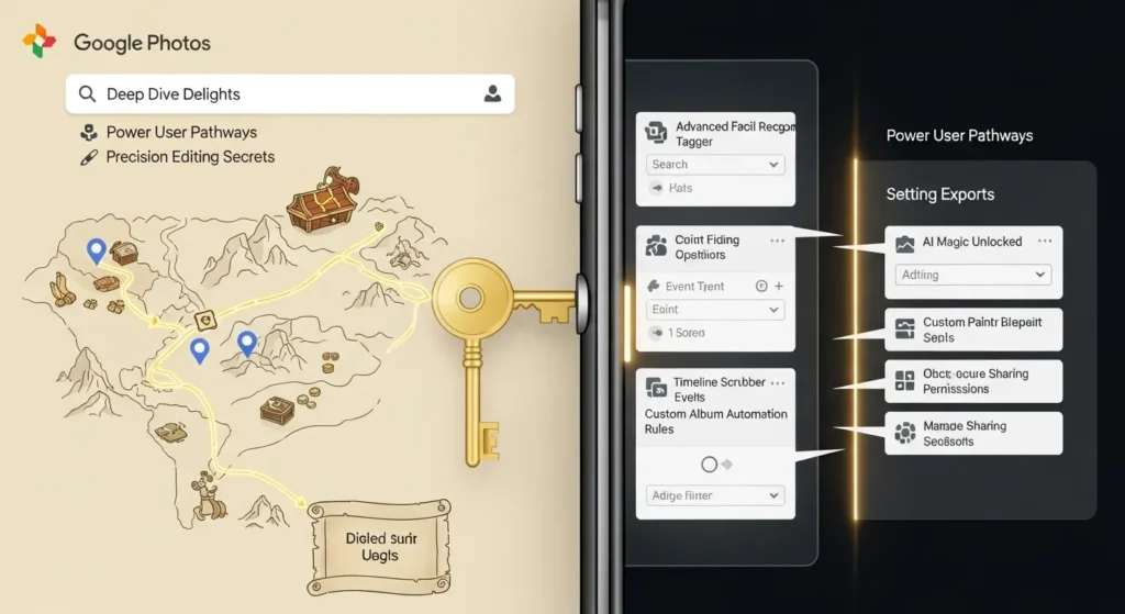 "An intriguing visual metaphor for uncovering advanced functionalities within Google Photos: perhaps a treasure map leading to glowing, intricate features within a Google Photos interface, or a hidden door opening to reveal complex settings and powerful, less-known tools, suggesting 'hidden gems' and advanced tips for maximizing its potential.