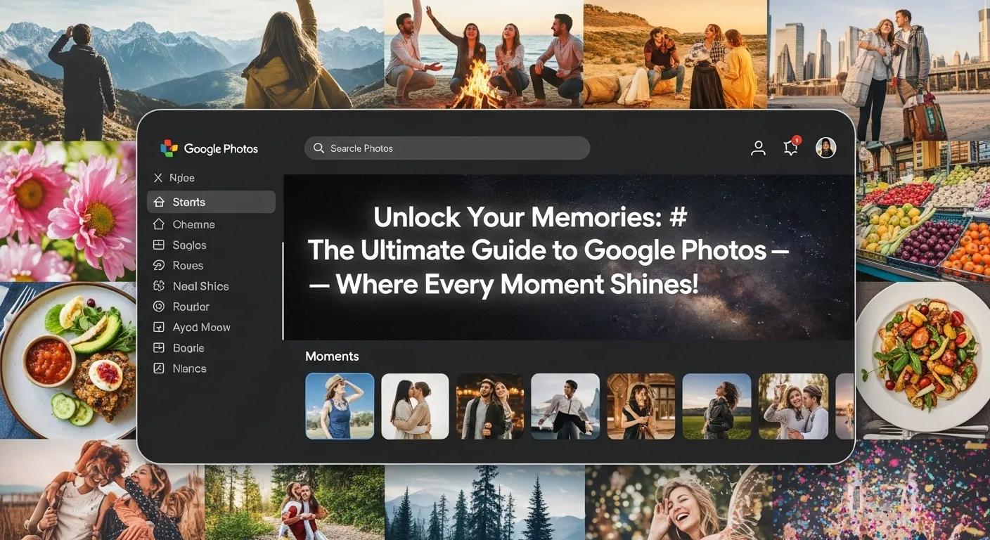 A vibrant, high-resolution digital art piece featuring a dynamic collage of diverse life moments (e.g., travel, family, celebrations, nature) forming a subtle, glowing background. In the foreground, a sleek, modern Google Photos interface with the article title "Unlock Your Memories: The Ultimate Guide to Google Photos – Where Every Moment Shines!" elegantly embedded as a key visual element, perhaps rendered in a stylish, luminous font or integrated into a UI element. The overall aesthetic should evoke joy, memory, and advanced technology.