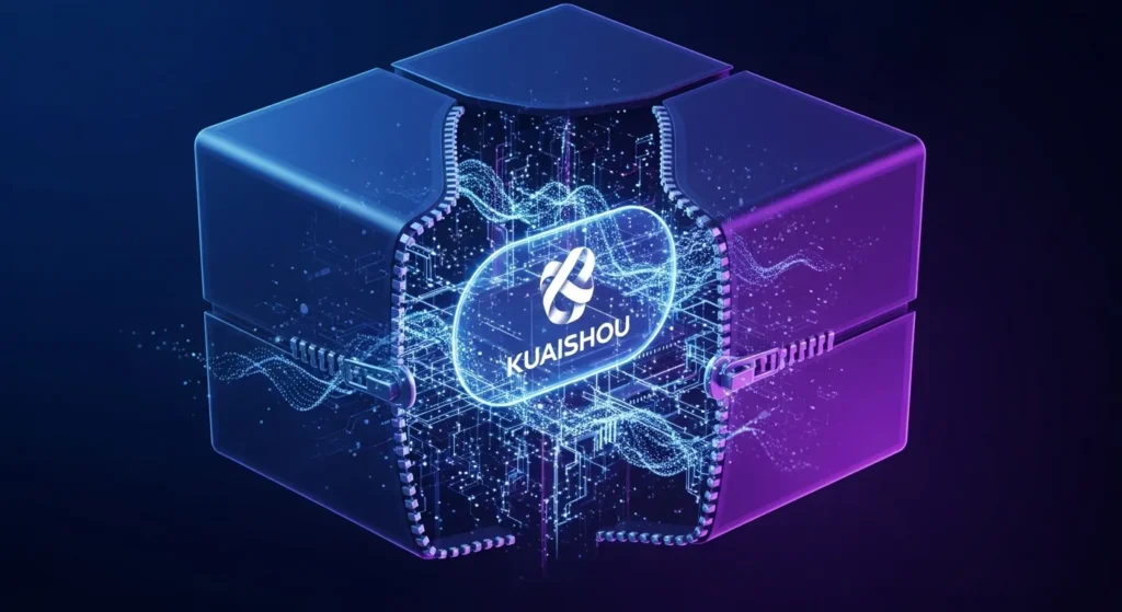 "A sleek, stylized cube subtly opening to reveal intricate, glowing AI circuitry and data streams, with the Kuaishou logo subtly integrated, representing the 'unpacking' of Kling AI's latest innovation, clean lines, conceptual art, deep tech blue and purple hues."
