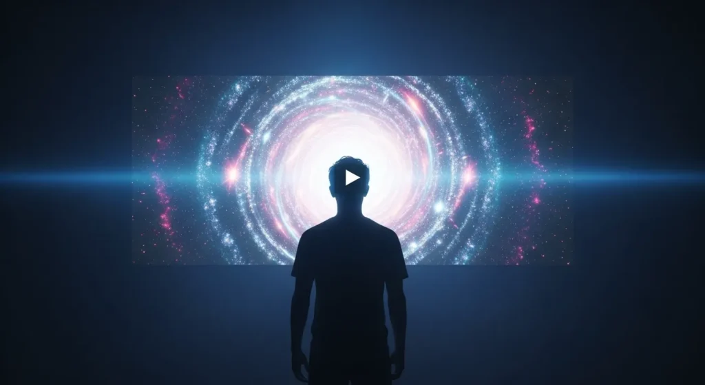 "A stylized silhouette of a person gazing intently at a luminous screen, which displays a mesmerizing, ultra-realistic AI-generated video. The screen emits a soft, magical glow that subtly illuminates the environment, capturing the wonder of a 'first encounter with AI video,' dreamlike, cinematic, soft focus."